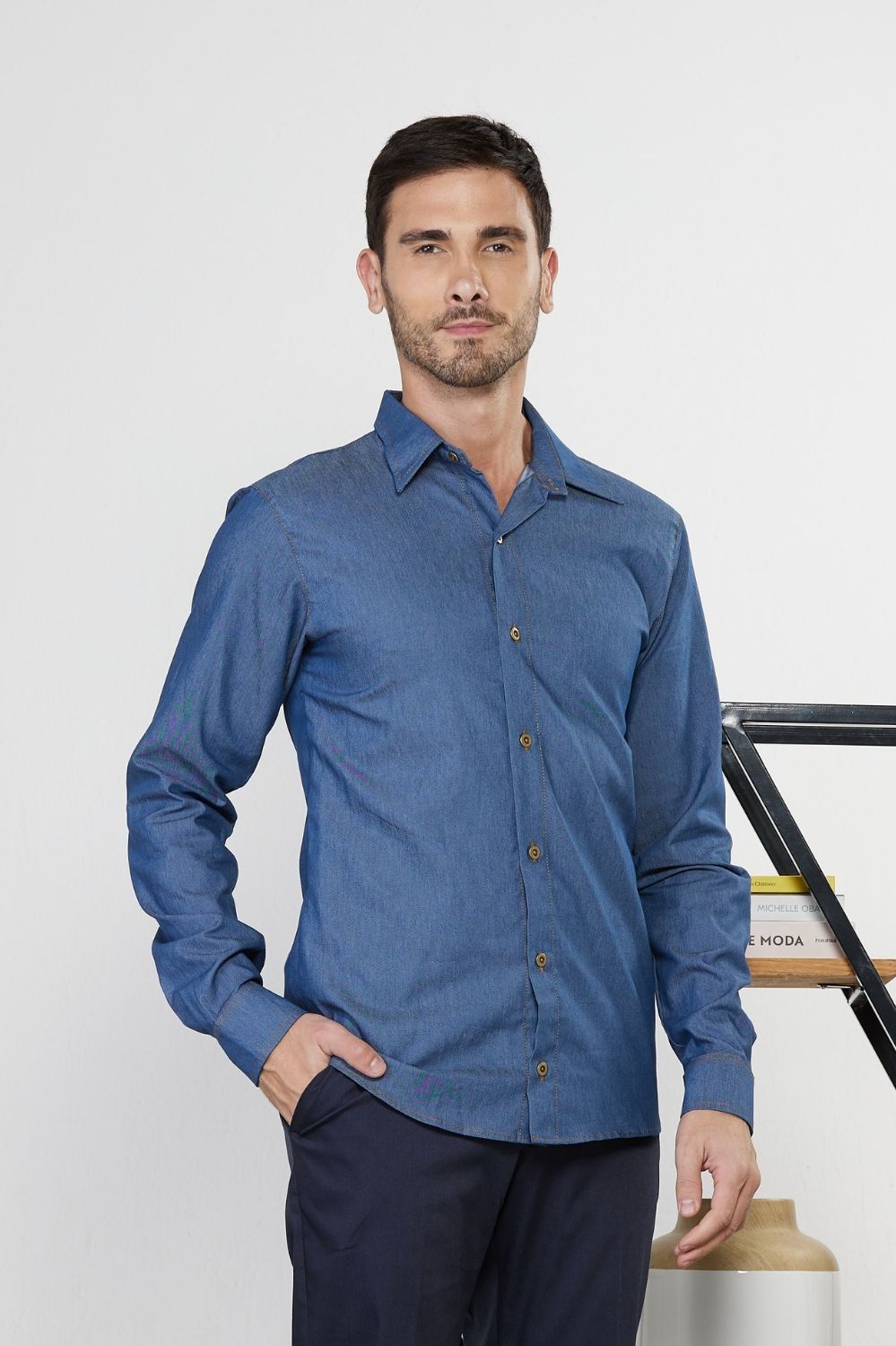 CAMISA SLIM MASC JEANS LEVE ML S/BSO-AZUL JEANS 951