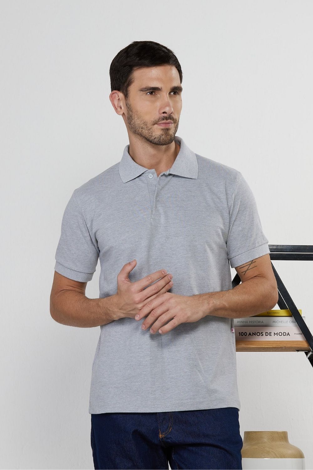 CAMISA POLO MASC PIQUET MC CORES-CINZA MESCLA 0200